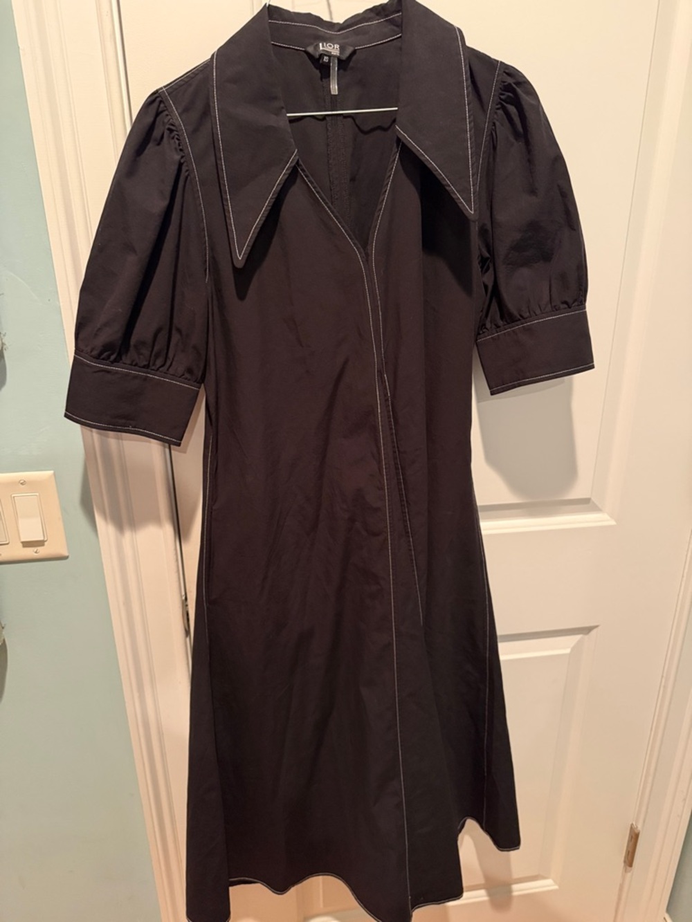 Black Midi Dress with Contrast Stitching and Pointed Collar